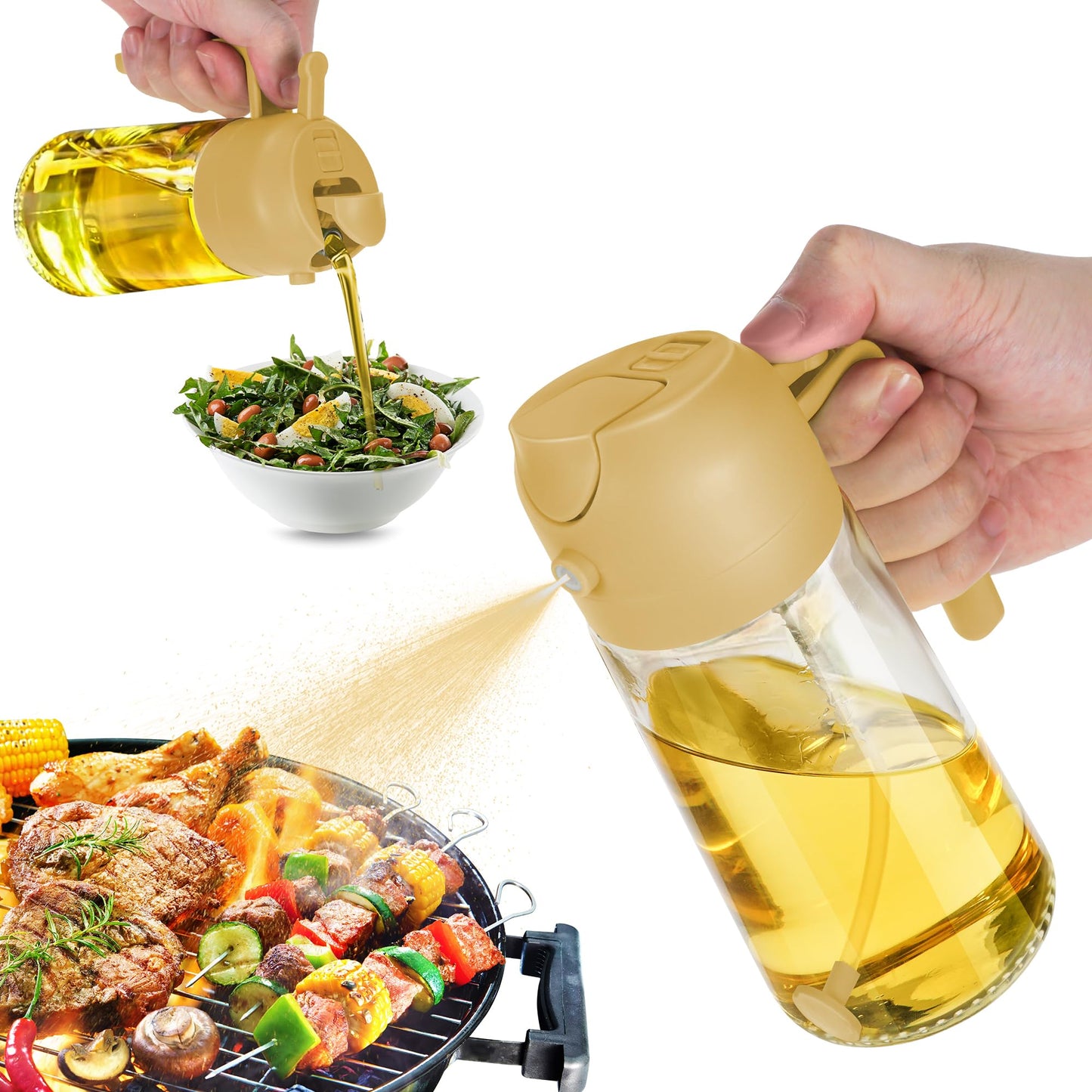 TrendPlain 16oz Oil Dispenser Bottle for Kitchen - 2 in 1 Olive Oil Dispenser and Oil Sprayer - 470ml Olive Oil Bottle - Oil Sprayer for Cooking, Kitchen, Salad, Barbecue Yellow