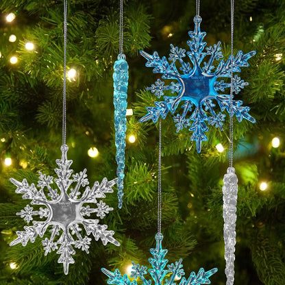 VGOODALL Clear Snowflake & Icicle Ornaments - 36PCS Acrylic Christmas Tree Decorations | Gold & Silver Strings