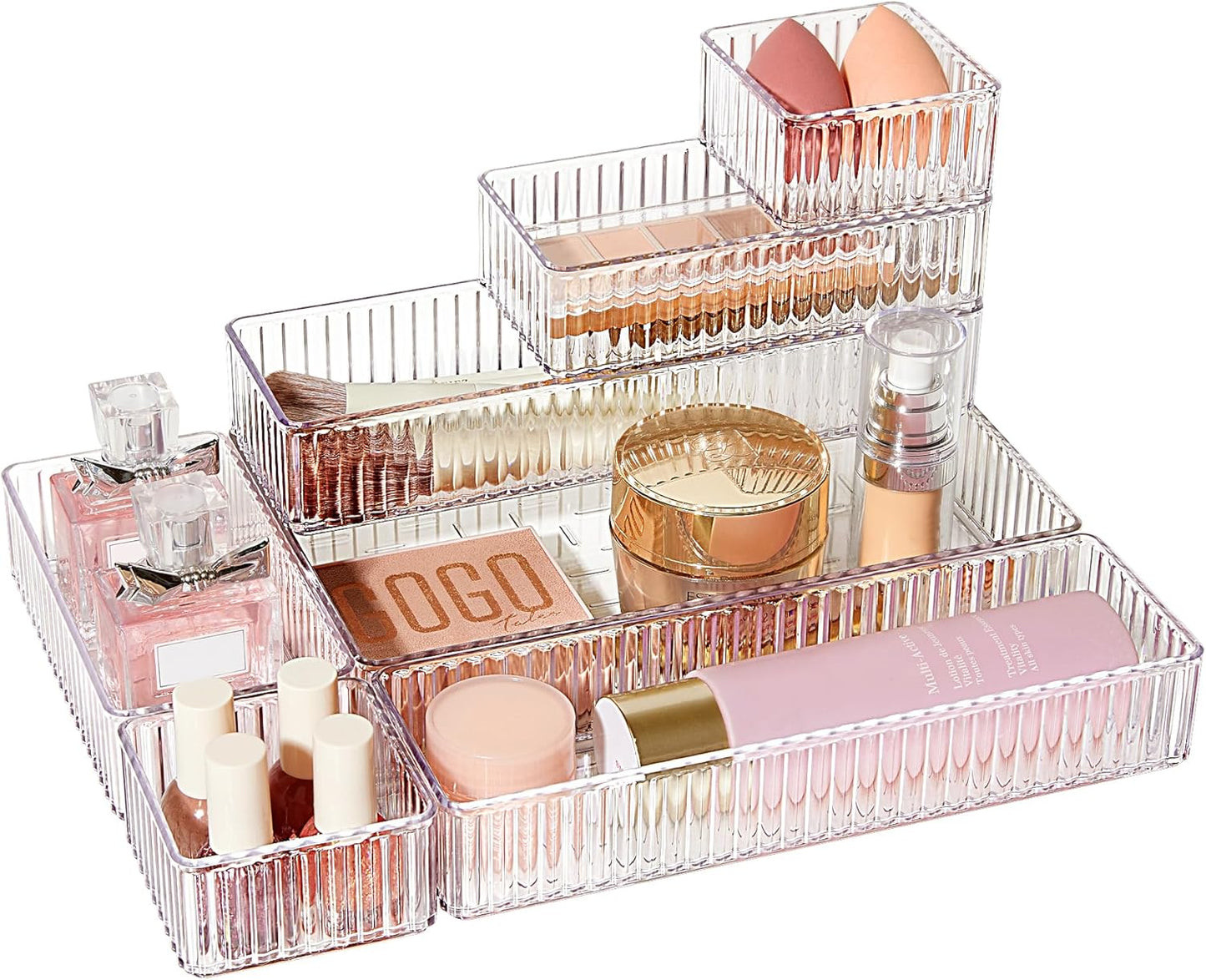 Vtopmart 7-Piece Clear Drawer Organizer Set - Stackable Acrylic Trays for Makeup, Office Supplies & Kitchen Utensils