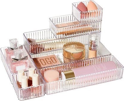 Vtopmart 7-Piece Clear Drawer Organizer Set - Stackable Acrylic Trays for Makeup, Office Supplies & Kitchen Utensils