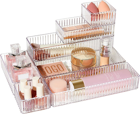 Vtopmart 7-Piece Clear Drawer Organizer Set - Stackable Acrylic Trays for Makeup, Office Supplies & Kitchen Utensils