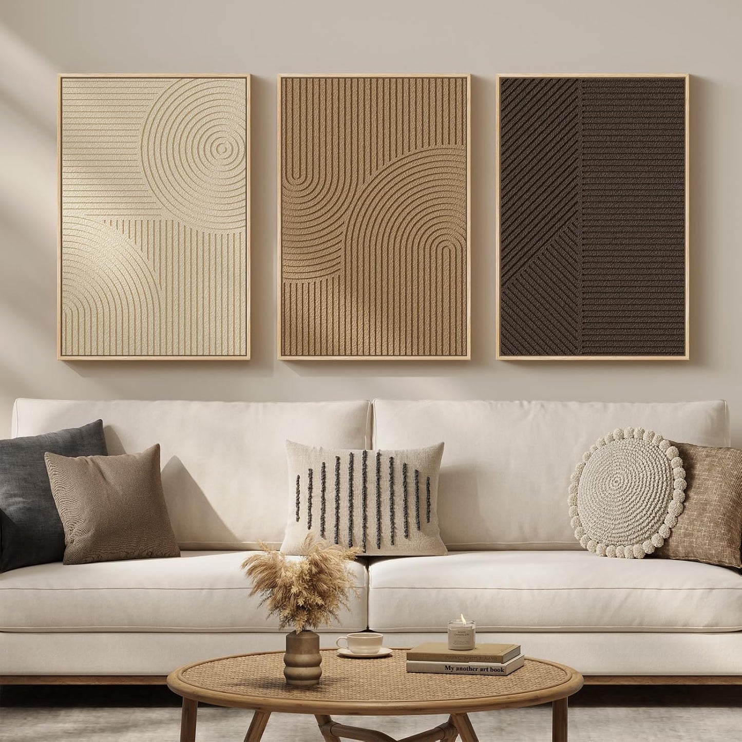 Skiennix 3D Textured Boho Wall Art - Modern Minimalist Abstract Paintings | 3-Piece Set, 16x24 In, Brown Beige Tan