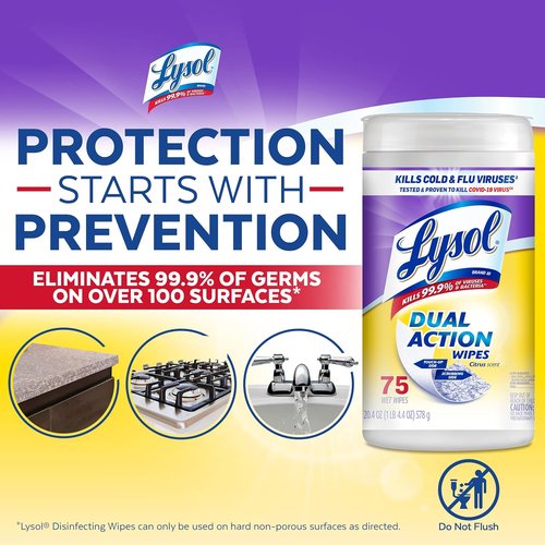 Lysol Dual Action Disinfectant Wipes - Multi-Surface Antibacterial Cleaning Wipes, Citrus Scent, 75ct