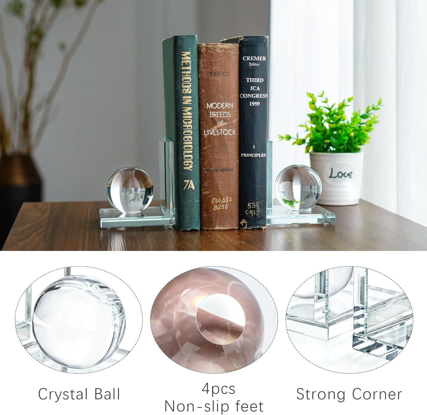 Skiennix Crystal Bookends - L Shape Non-Skid Heavy-Duty Book Holder | 4 Inch Clear Decorative Ornaments