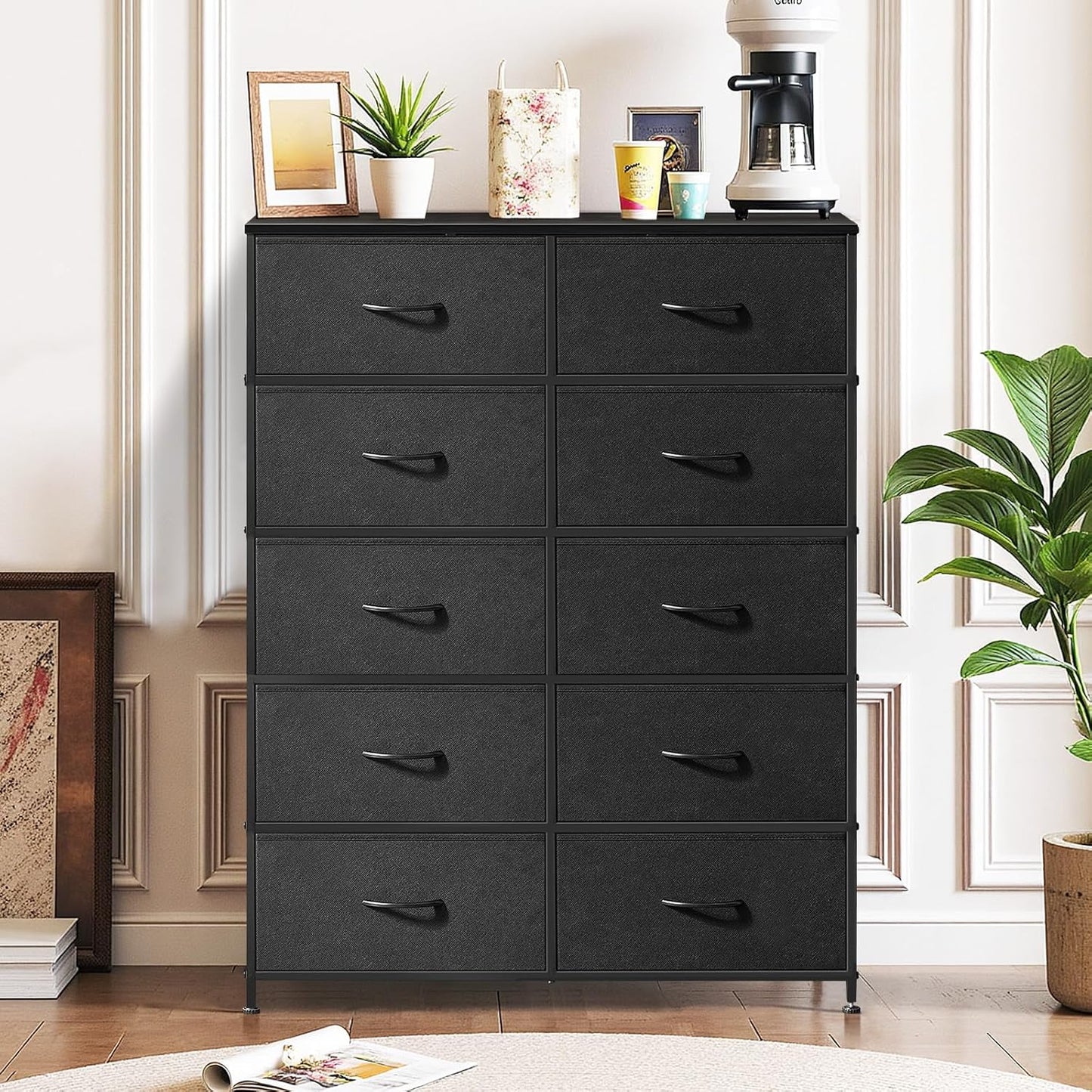 Skiennix 10-Drawer Dresser - Anti-Tip Tall Storage Organizer with Wooden Top & Metal Frame | Black