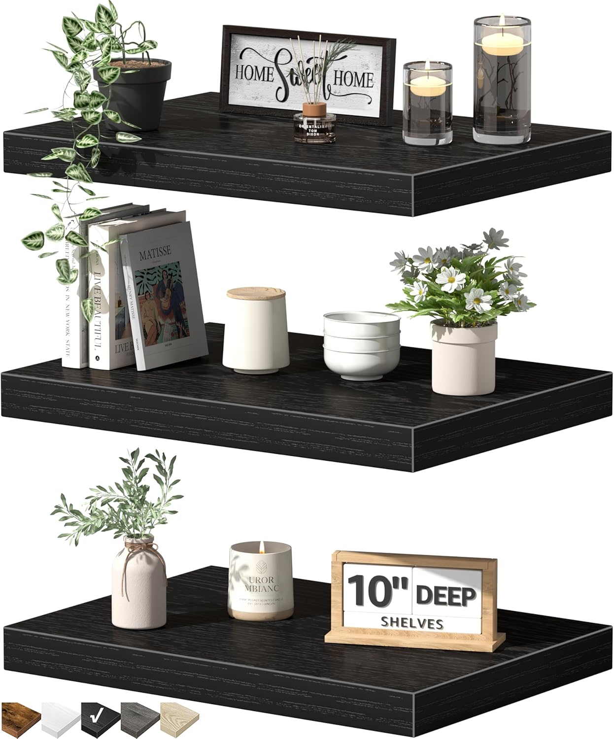 QEEIG 10" Deep Floating Shelves - Set of 3 Black Wall-Mounted Bookshelves for Bathroom, Bedroom, Kitchen, Living Room