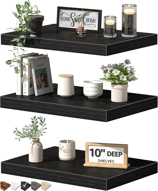 QEEIG 10" Deep Floating Shelves - Set of 3 Black Wall-Mounted Bookshelves for Bathroom, Bedroom & Kitchen