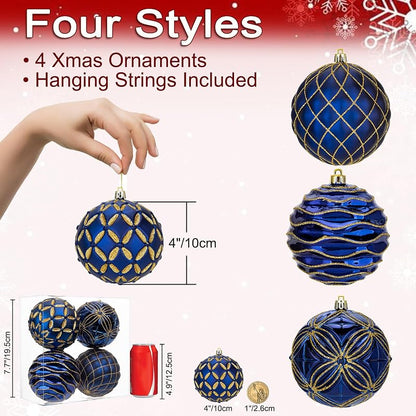Navy Blue & Gold 4" Shatterproof Christmas Ornaments Set of 4