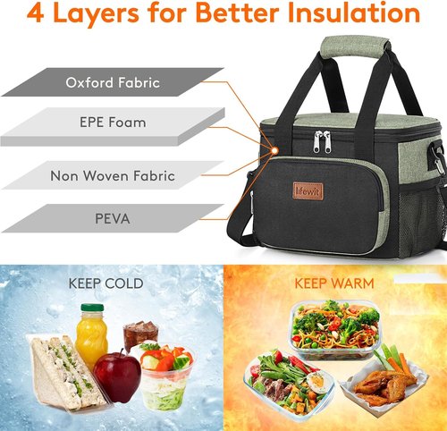 Lifewit Insulated Lunch Bag - Soft Cooler Tote for Adults | 12-Can Capacity, Black & Green