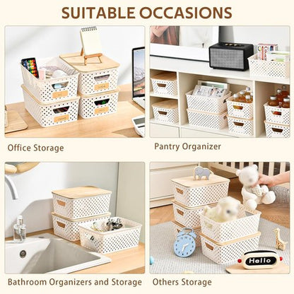 8 Pack Plastic Storage Bins by [Brand Name] - Stackable Baskets with Bamboo Lids for Pantry Organization