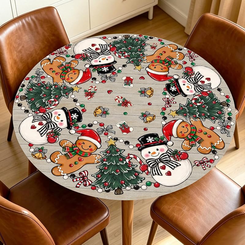 Christmas Snowman Fitted Tablecloth 40-44 Inch, Elastic Edge, Round Xmas Gingerbread Man
