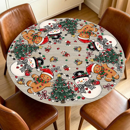 Christmas Snowman Fitted Tablecloth 40-44 Inch, Elastic Edge, Round Xmas Gingerbread Man