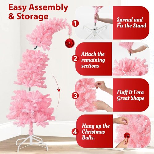 Hatisan 5FT Artificial Pink Christmas Tree - Bent Design with Ball Ornaments & Metal Base for Holiday Decor