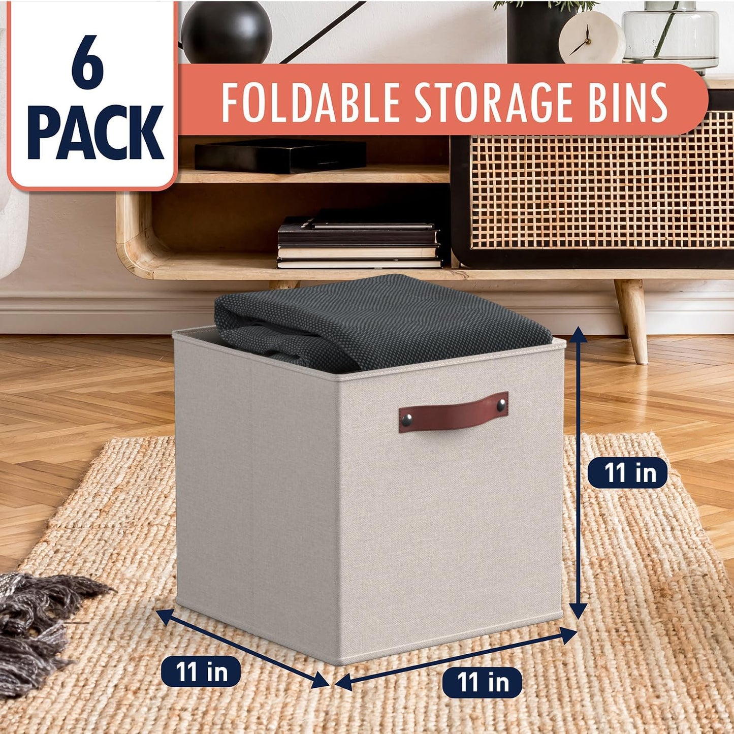 Ornavo Home Storage Cube Bins - Foldable Fabric Organizer with Leather Handles | 11x11, Beige, 6 Pack