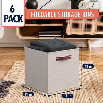 Ornavo Home Storage Cube Bins - Foldable Fabric Organizer with Leather Handles | 11x11, Beige, 6 Pack