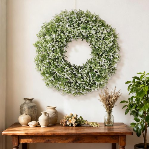 Aglaia Odorata 26" Artificial Boxwood Wreath - Large Faux Eucalyptus Leaves for Year-Round Outdoor Decor | White-Green