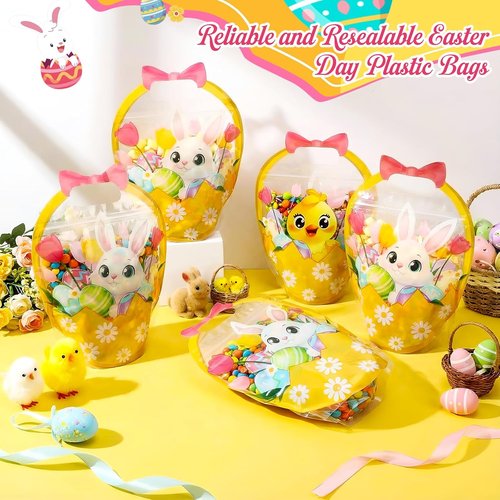 Fuutreo 50 Pcs Easter Gift Bags Transparent Bunny Sealing Pouches with Handles Resealable Happy Easter Plastic Favor Bags for Spring Holiday Party Candy Gift Wrapping Supplies Decor(Chick)