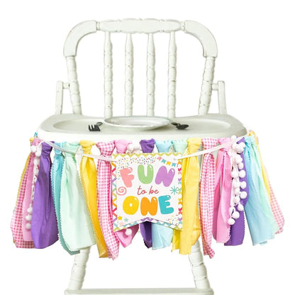 Fun to Be One High Chair Banner - Pre-Strung Pastel Fabric World Baby Party Décor