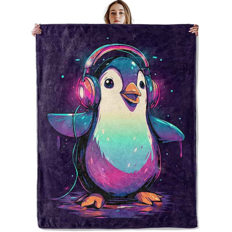 Penguin Plush Throw Blanket 50x60 Inch - Lightweight Soft Flannel with Headphones Design - Variation: Penguin25+50×60 Inch
