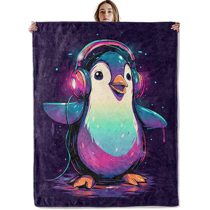 Penguin Plush Throw Blanket 50x60 Inch - Lightweight Soft Flannel with Headphones Design - Variation: Penguin25+50×60 Inch