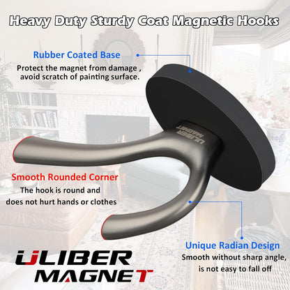 ULIBERMAGNET Strong Magnetic Double Hooks - Heavy Duty Coat Hangers | 2 Pack Brushed Nickel Finish