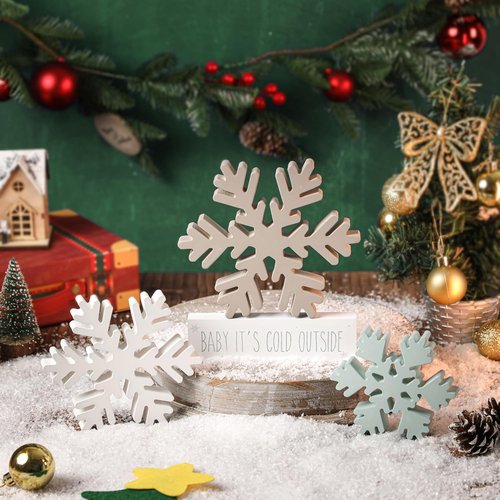 KORMMCO Christmas Snowflake Decor - White Wooden Table Signs | Winter Tiered Tray Decorations (4 Pieces)