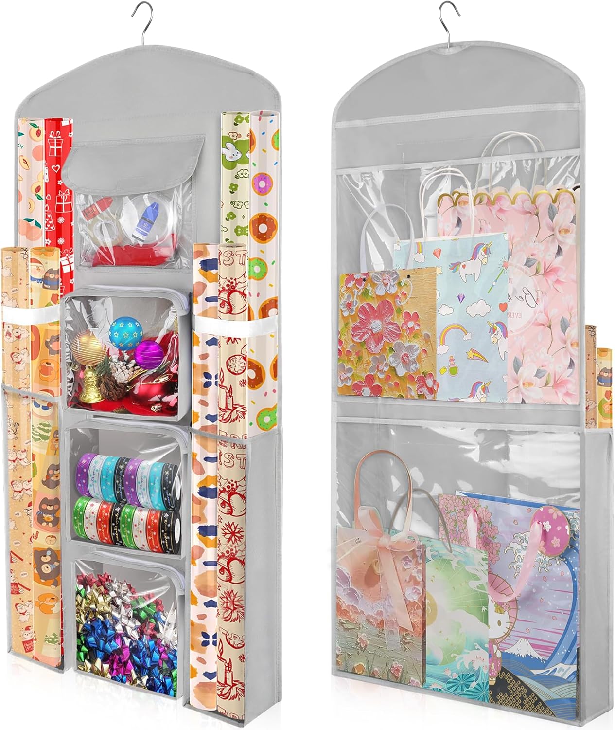 Woodoulogy Gift Wrapping Paper Storage - Double-Sided 40"x17" Grey Oxford Organizer | Perfect for Closet & Cabinet