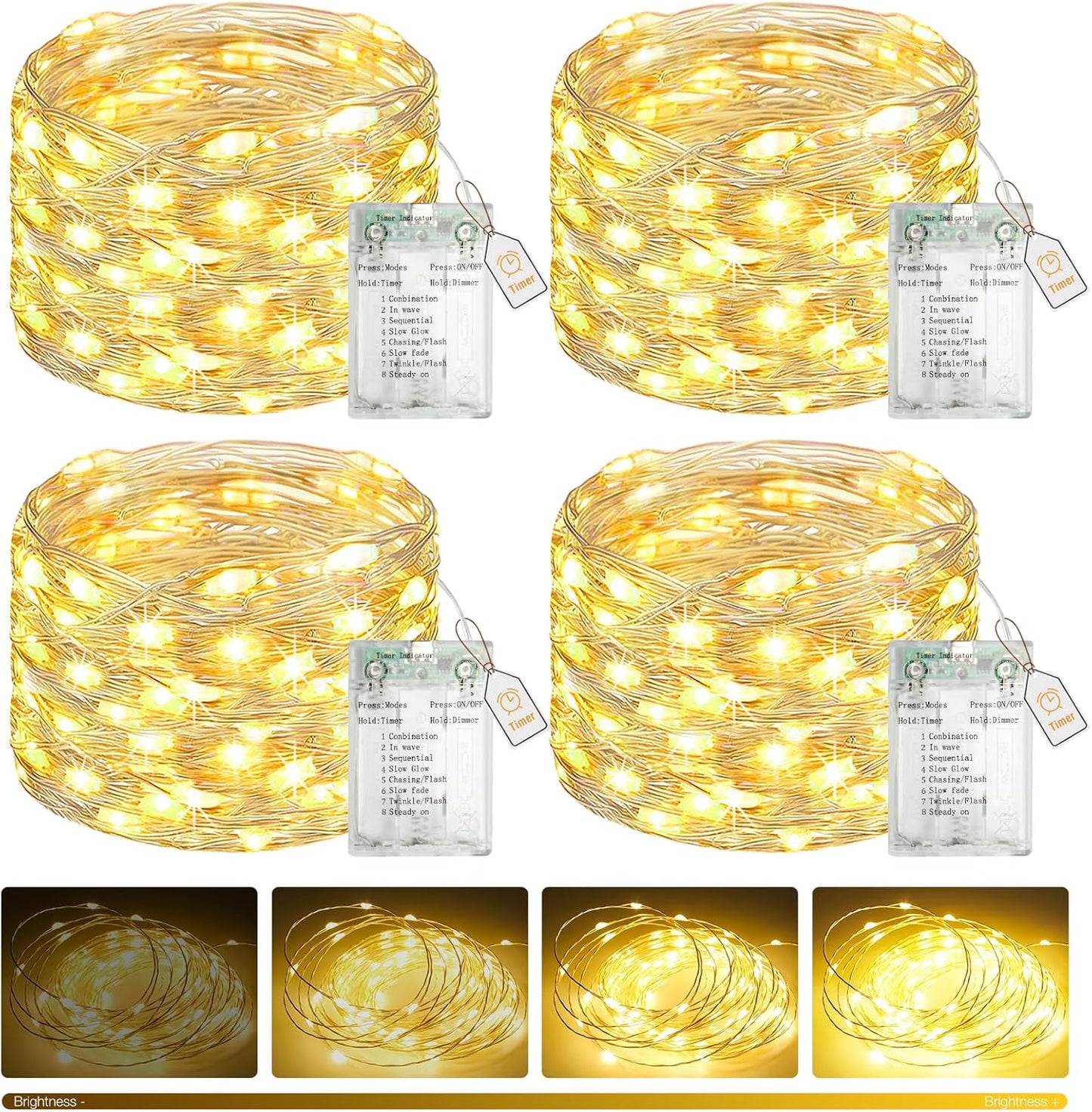 Btfarm Fairy Lights - 4 Pack Battery Operated Twinkle String Lights | 16FT, 50 LEDs, 8 Modes, Waterproof, Warm White