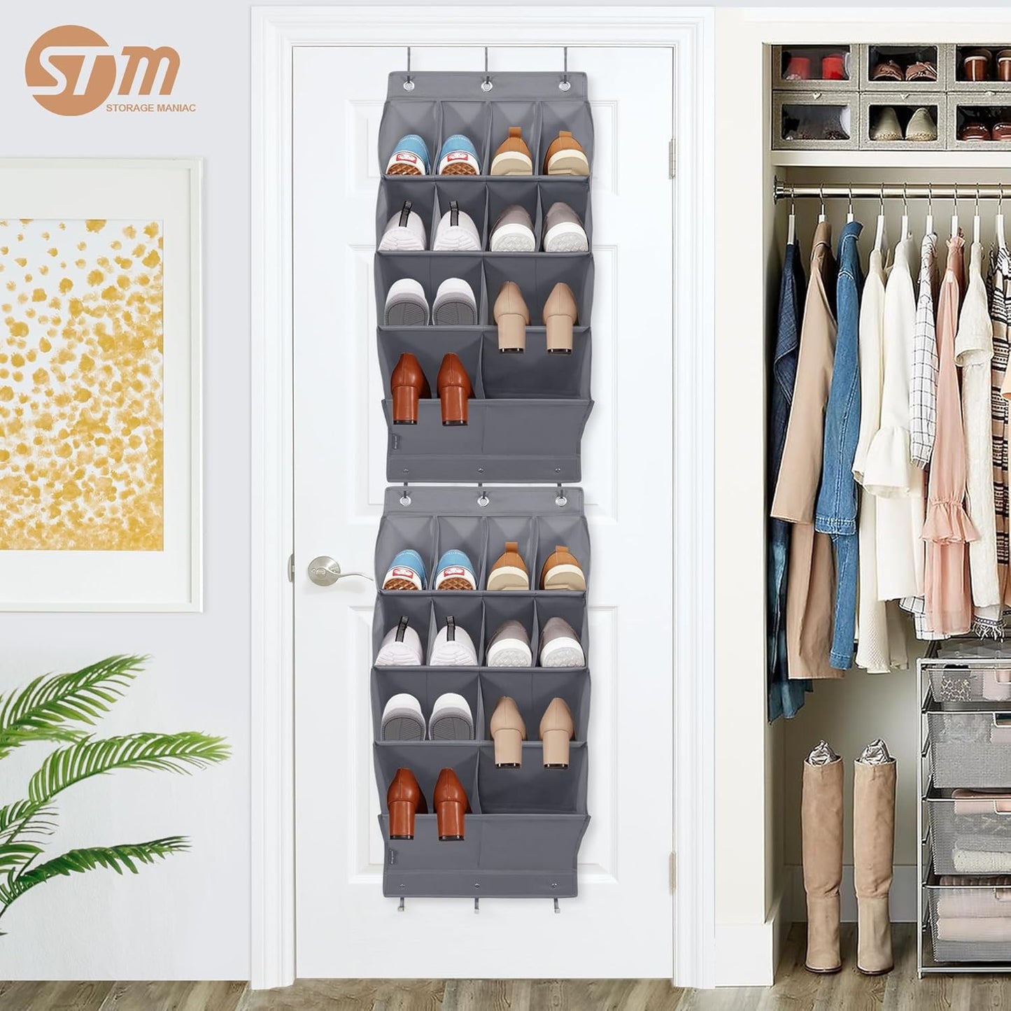 Storage Maniac Over Door Shoe Organizers - 12 Pocket Hanging Shoe Rack for Dorms & Closets | Grey
