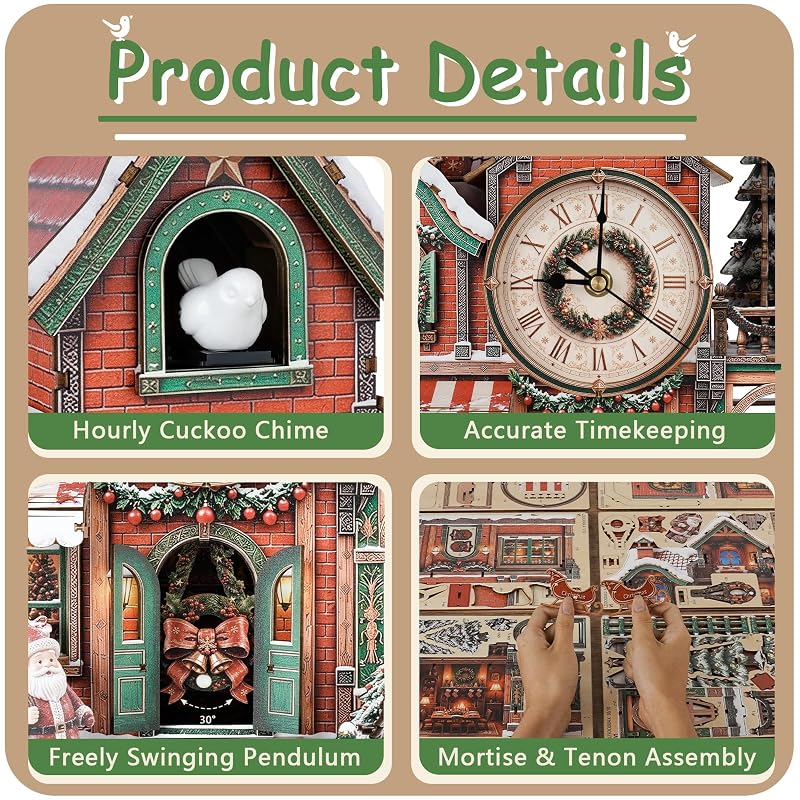 3D Puzzle Clock Kit - Christmas Cottage Cuckoo Clock Model with 3 Modes (Variation: Christmas Cottage)