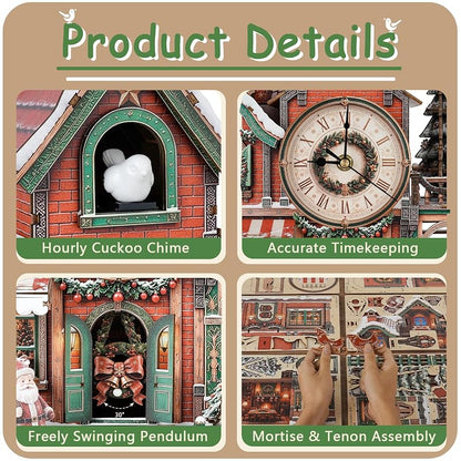 3D Puzzle Clock Kit - Christmas Cottage Cuckoo Clock Model with 3 Modes (Variation: Christmas Cottage)
