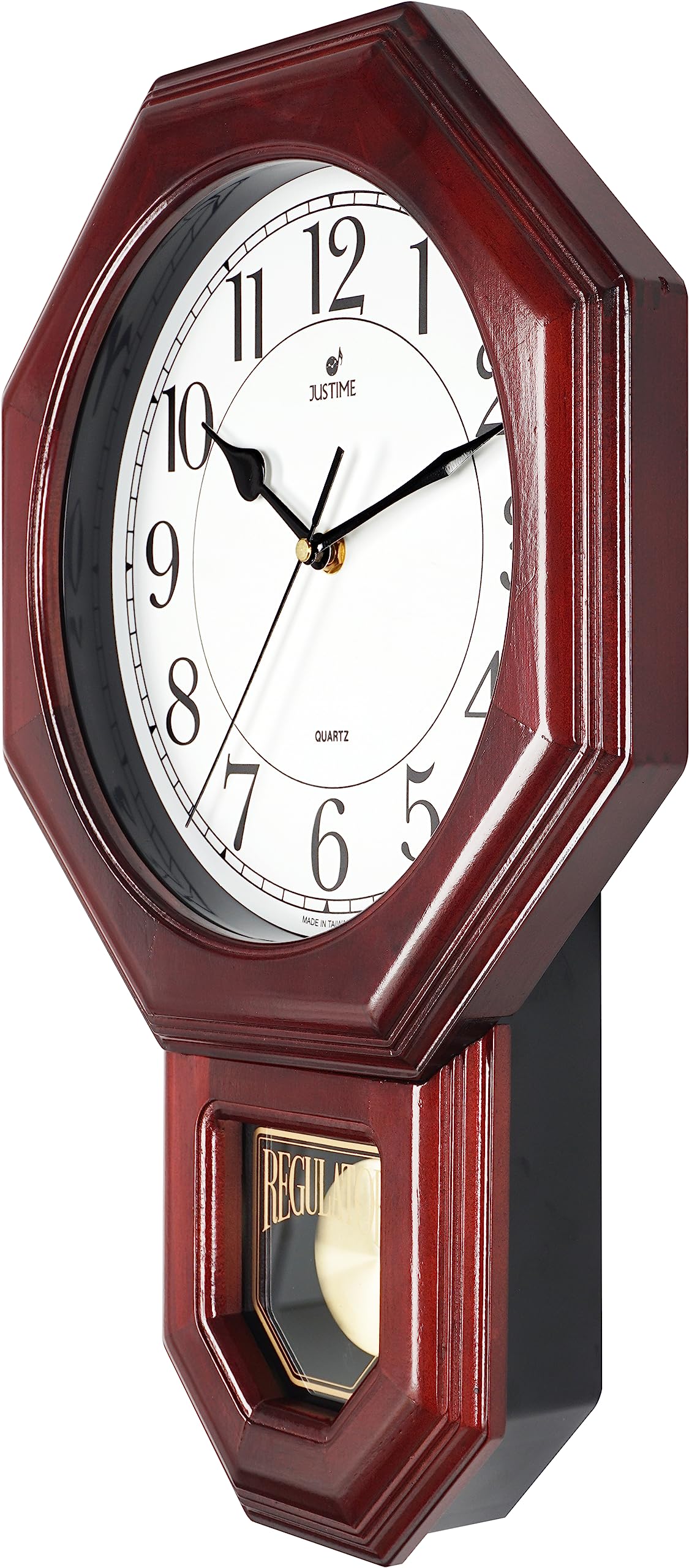 JUSTIME Traditional Schoolhouse Solid Wood Pendulum Wall Clock Chimes Hourly with Westminster Melody Chime Made in Taiwan (Red Wood w/Westminster Chime)