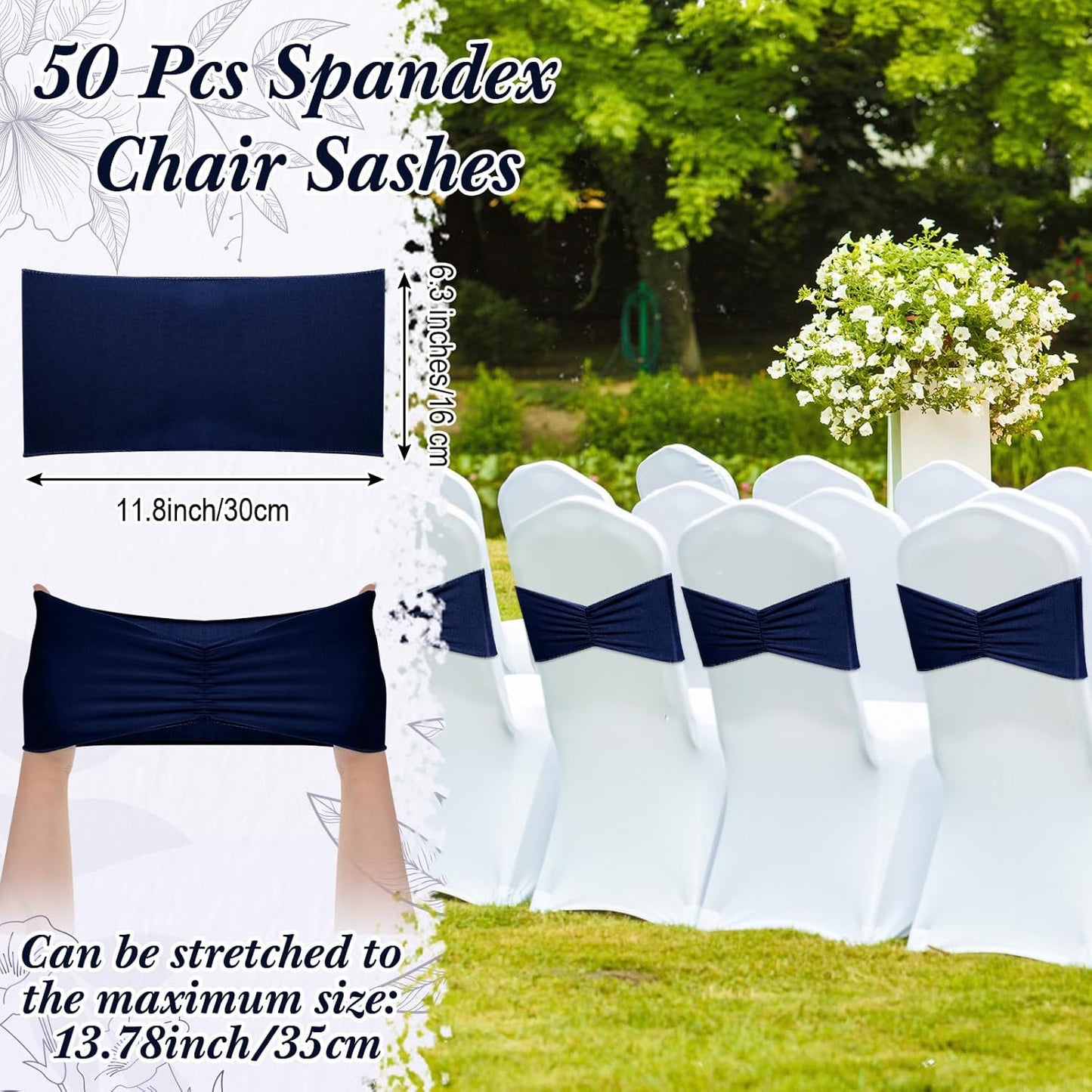 Moukeren Spandex Chair Sashes - 50 Pcs Elastic Ties for Weddings & Events | Navy Blue