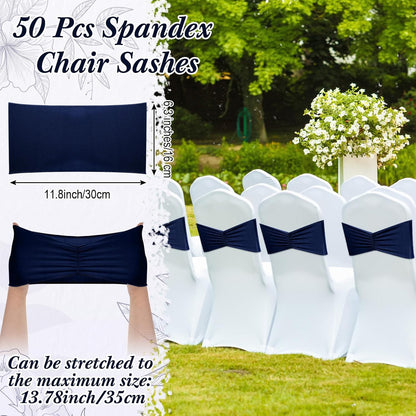 Moukeren Spandex Chair Sashes - 50 Pcs Elastic Ties for Weddings & Events | Navy Blue