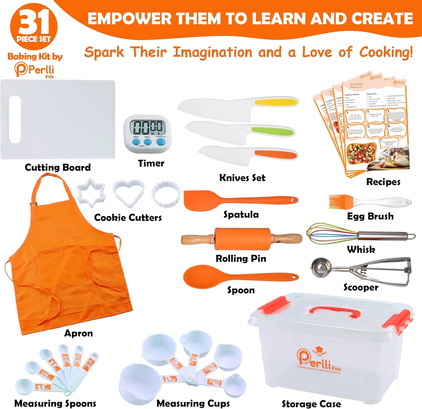 Perlli Kids Cooking Set - 31-Piece Real Utensils Gift for Junior Chefs | Safe Knife Set for Ages 6+ - Orange