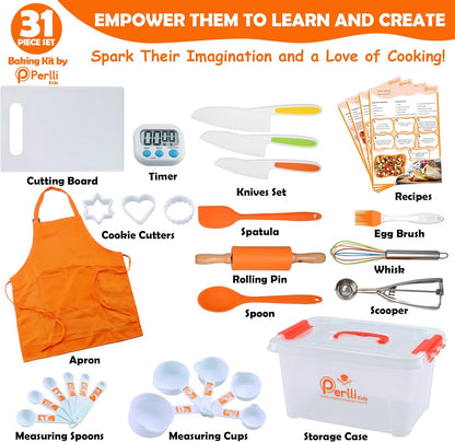 Perlli Kids Cooking Set - 31-Piece Real Utensils Gift for Junior Chefs | Safe Knife Set for Ages 6+ - Orange