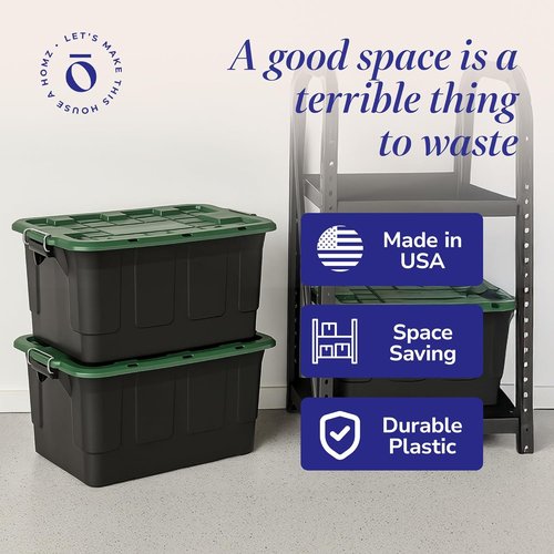 HOMZ 30-Gallon Stackable Storage Bins - Durable Plastic Containers with Lids & Latching Handles | Black/Green 2-Pack