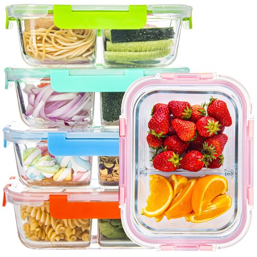 CZUMJJ Glass Meal Prep Containers 2 Compartment with Lids (5 Pack, 34oz), Divided Glass Storage Containers for Lunch at Work, Leak-Proof Portion Control Food Containers, Microwave/Dishwasher Safe