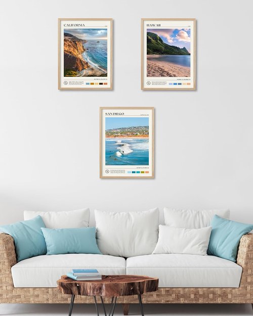 HesenDot Framed Wall Art - Natural Oak Wood Surfing Canvas Print | 12x16in Seascape Decor for Home & Office