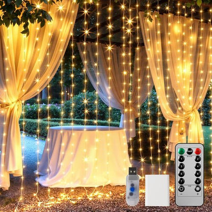 Brightown 300 LED Curtain Lights - 9.8 FT Fairy Lights with 8 Modes for Bedroom & Party Decor - Warm White