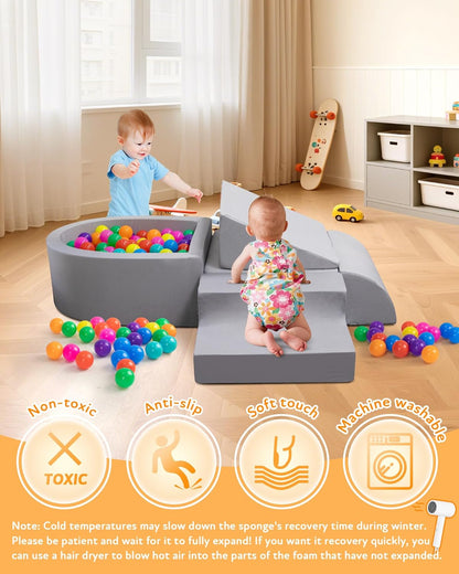 Skiennix Baby Climbing Blocks - Soft Play Set for Crawling Infants 6-12 Months | Anti-Slip Foam Gym (Grey)