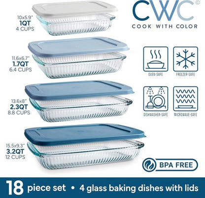 Cook With Color 8-Piece Deep Glass Baking Dish Set - Versatile Casserole & Food Storage Containers | Fluted Blue, Freezer-to-Oven Safe