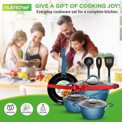 NutriChef 11-Piece Non-Stick Cookware Set - Ceramic Coating, Ergonomic Handles, Induction Ready | Royal Blue