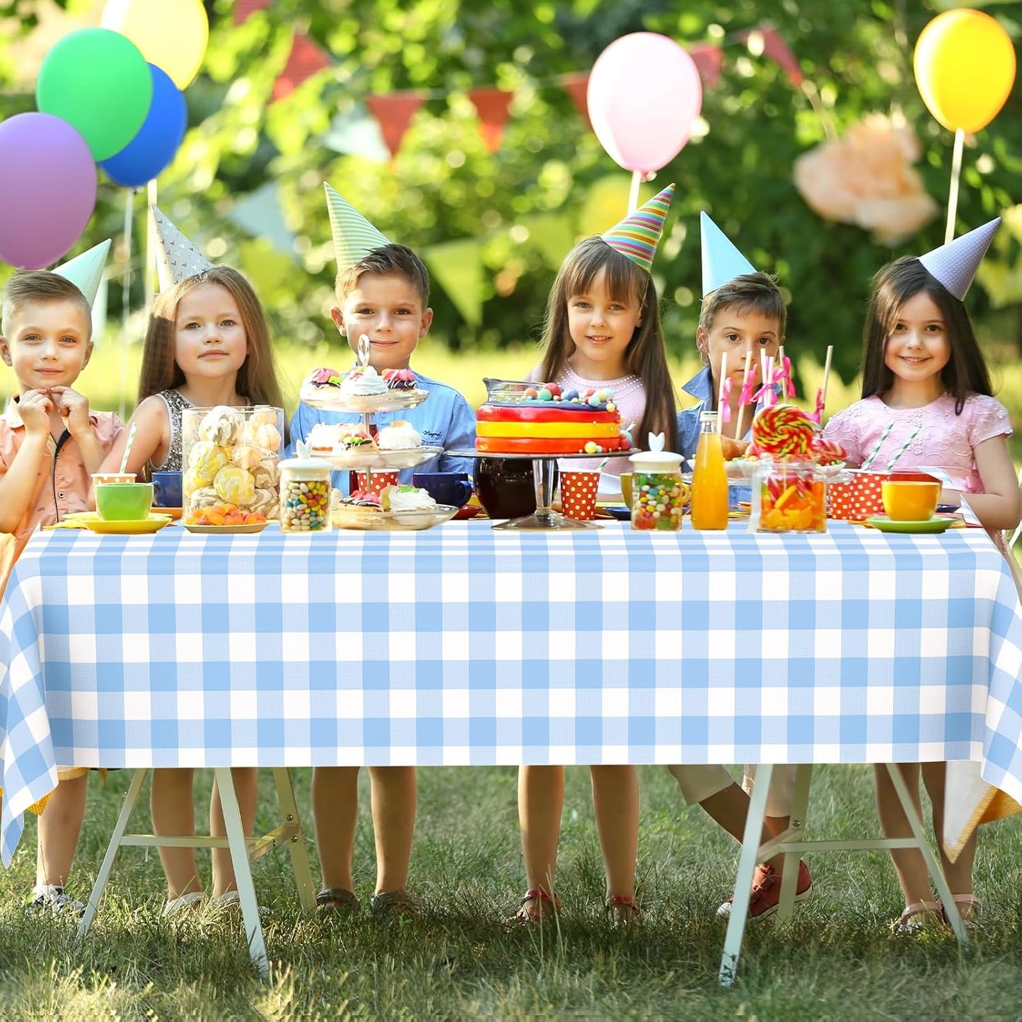 Skiennix Blue Gingham Tablecloth - Disposable Light Blue Checkered Design | Perfect for Outdoor Events (54 x 108 Inch)