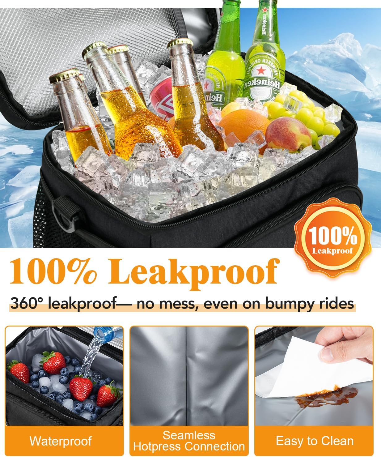 Skiennix Insulated Lunch Bag - 9L Leakproof Soft Cooler Tote with 5 Pockets | Adjustable Strap - Black