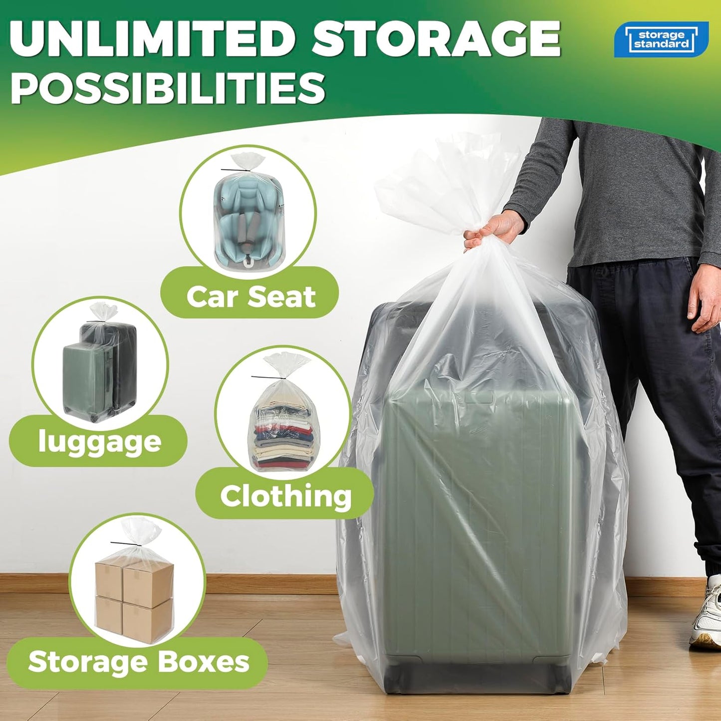 Storage Standard Large Clear Plastic Bags - Waterproof Heavy-Duty Zip Ties for Luggage & Travel Gear | 40 x 60 Inches