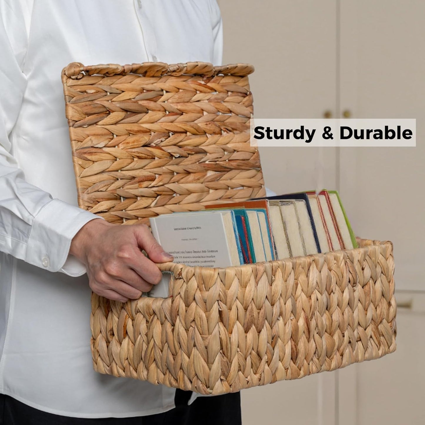 StorageWorks Wicker Basket - Handwoven Water Hyacinth with Scalloped Edge Lid | 13" L x 9.5" W x 6" H