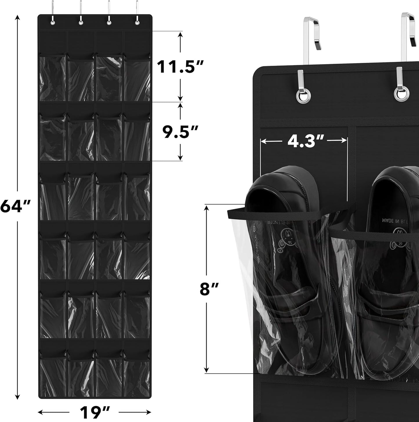 Simple Houseware 24-Pocket Over The Door Hanging Shoe Organizer - Crystal Clear, Black (64" x 19")
