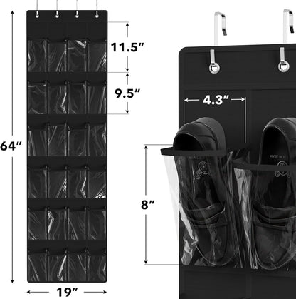 Simple Houseware 24-Pocket Over The Door Hanging Shoe Organizer - Crystal Clear, Black (64" x 19")