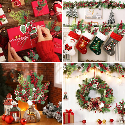 Pinecones Red Berry Picks - 12 Pcs Christmas Floral Stems for Wreaths, Garlands & Tree Decor